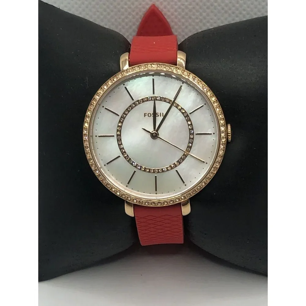 Fossil ES4452 Women's Red Silicone Analog Dial Quartz Genuine Wrist Watch OP632